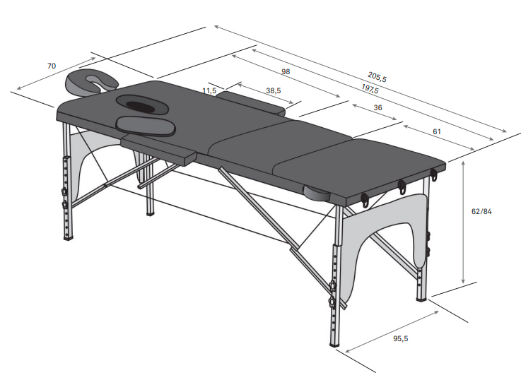 Masă de consultație portabilă cu 3 secțiuni, din aluminiu.